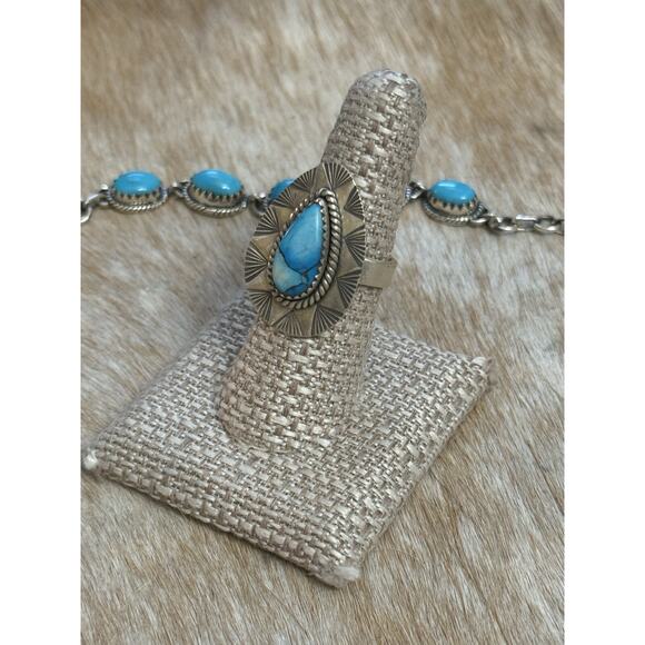 Native American SW Sterling Silver Blue Ice Dahlia Tear Drop Ring Adj🩵Stamped - Picture 6 of 10